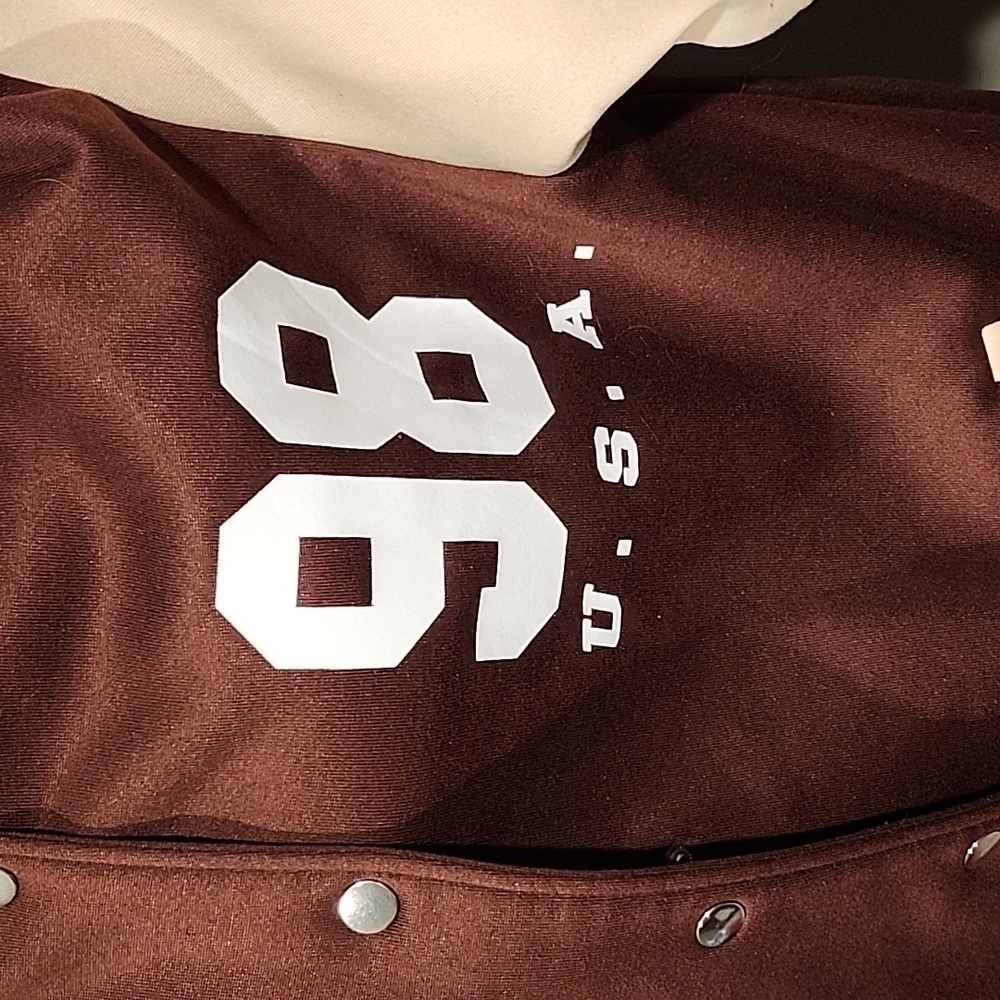 Brown and Cream Varsity Jacket with Hood - Picture 2 of 4